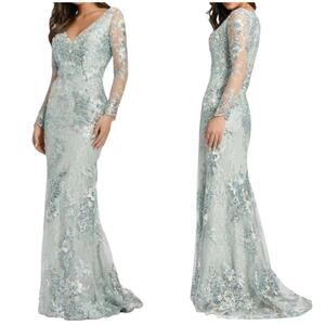 Mac Duggal NWT Embellished V-Neck Illusion Long Sleeve Gown Seamist Size 6 Blue